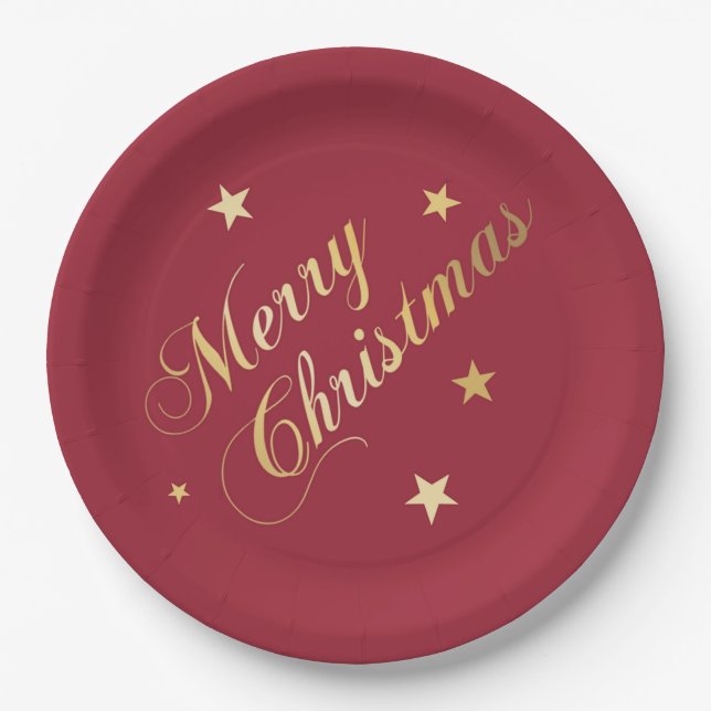 Merry Christmas Stars Wine Red Gold Napkins Paper Plate (Front)