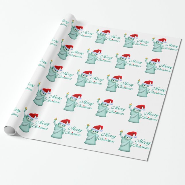 Merry Christmas Statue Of Liberty Wrapping Paper (Unrolled)