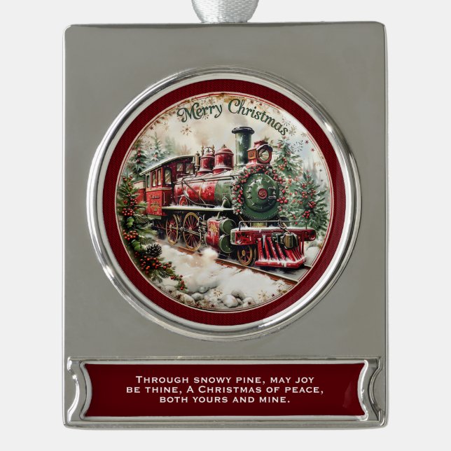 Merry Christmas Steam Train – Festive Journey  Silver Plated Banner Ornament (Front)