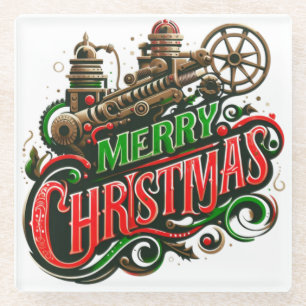 Merry Christmas steampunk Glass Coaster