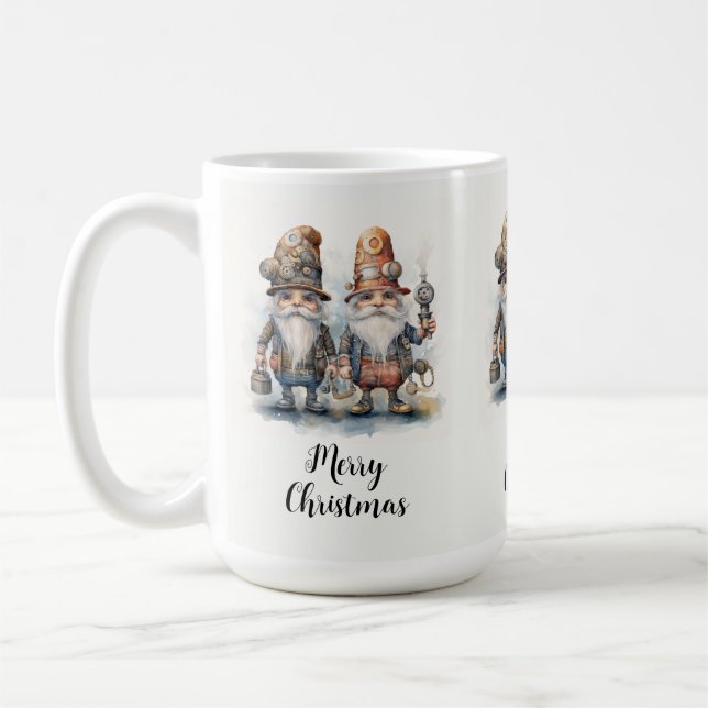 Merry Christmas Steampunk Gnomes Coffee Mug (Left)
