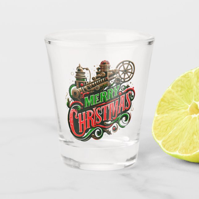 Merry Christmas steampunk Shot Glass (Front)