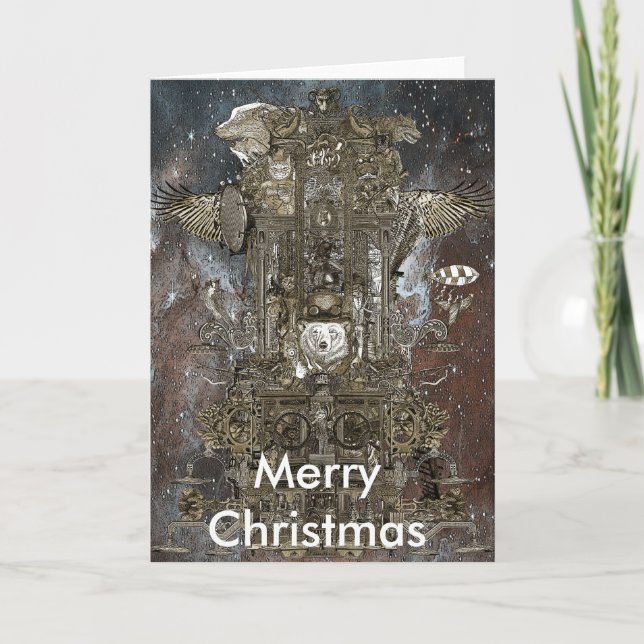 Merry Christmas Steampunk Space Transport Holiday Card (Front)