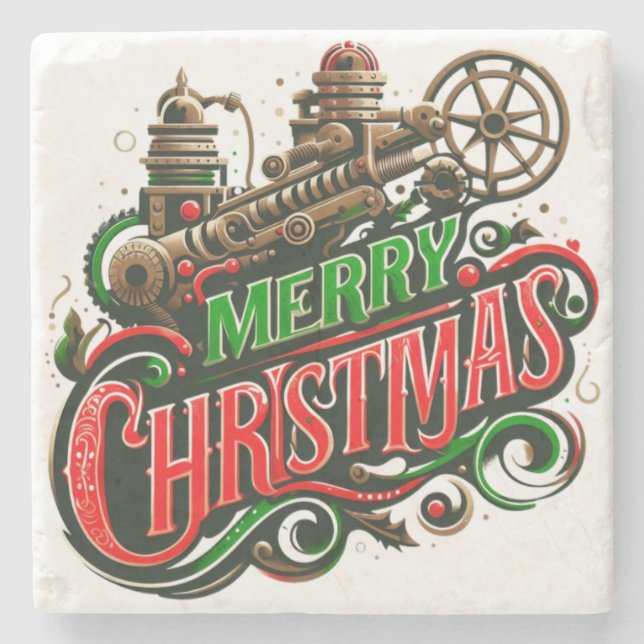 Merry Christmas steampunk Stone Coaster (Front)
