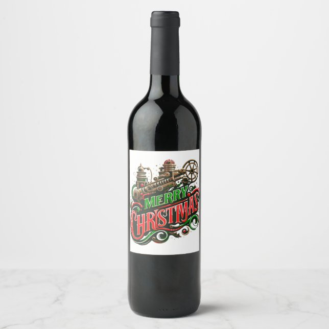 Merry Christmas steampunk Wine Label (Front)