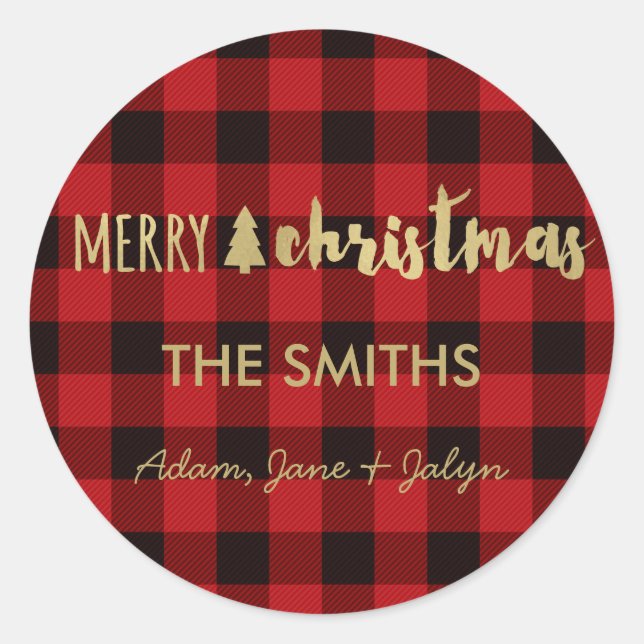 Merry Christmas Sticker Buffalo Check and Gold (Front)