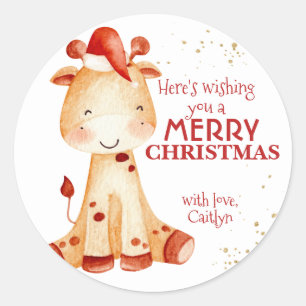Merry Christmas Sticker, Giraffe Santa, Kids Xmas Classic Round Sticker