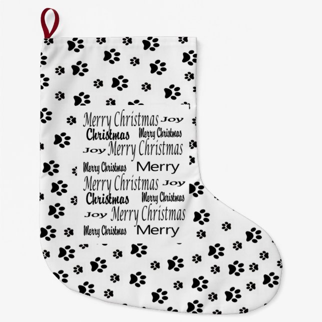 Merry Christmas Stocking, Cat Dog Prints Black  Large Christmas Stocking (Front)