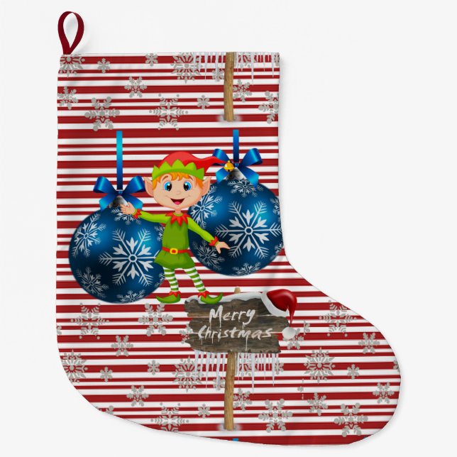 Merry Christmas Stocking, Christmas Elf Large Christmas Stocking (Front)
