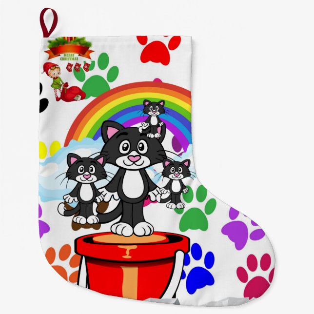 Merry Christmas Stocking, Elf Cat Paws Rainbow Large Christmas Stocking (Front)