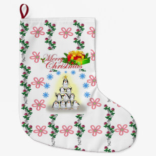 Merry Christmas Stocking, Floral Penguin  Large Christmas Stocking