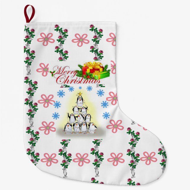 Merry Christmas Stocking, Floral Penguin  Large Christmas Stocking (Front)