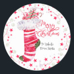 Merry Christmas Stocking Personalised Classic Round Sticker<br><div class="desc">Merry Christmas stocking with fur personalised sticker for gifts or treats.</div>