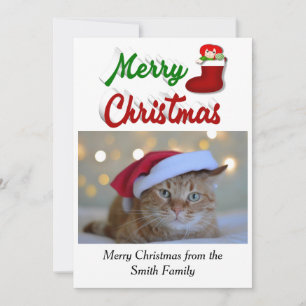 Merry Christmas Stocking photo red green script Holiday Card