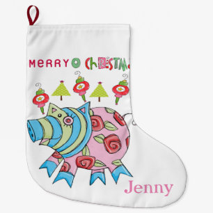 Merry Christmas Stocking, Pink Pig Large Christmas Stocking