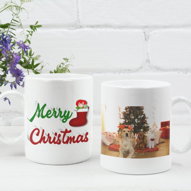 Merry Christmas Stocking red green photo script Coffee Mug (Creator Uploaded)