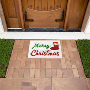 Merry Christmas Stocking red green script Doormat
