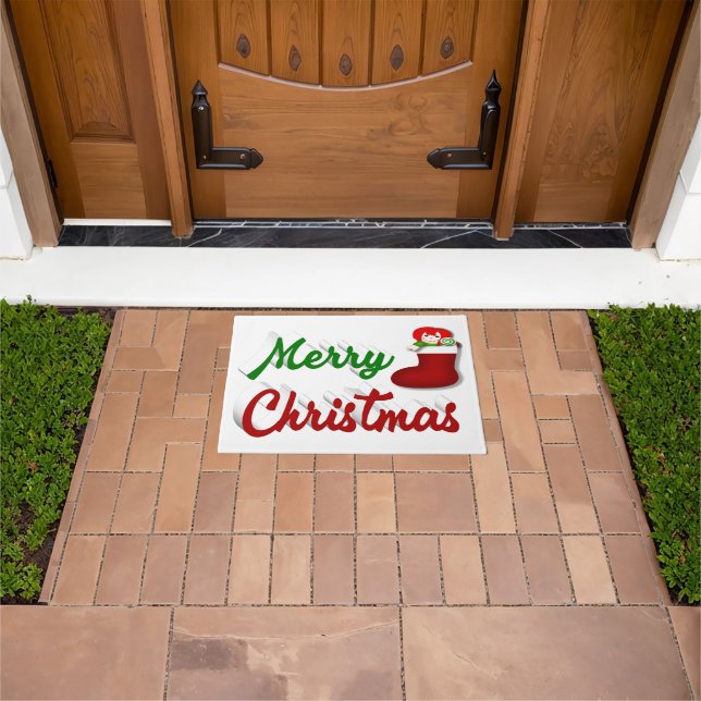 Merry Christmas Stocking red green script Doormat (Outdoor)