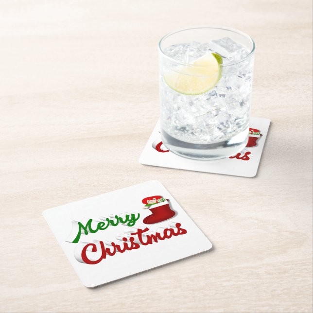 Merry Christmas Stocking red green script  Square Paper Coaster (Insitu)