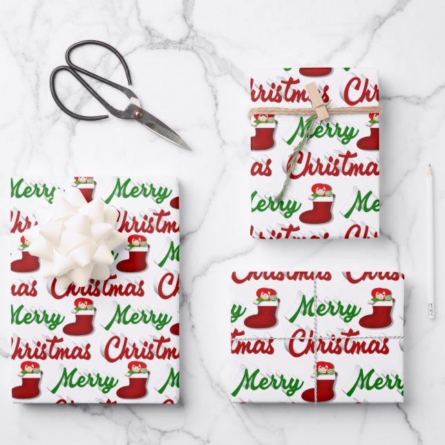 Merry Christmas Stocking red green script Wrapping Paper Sheet (Front)