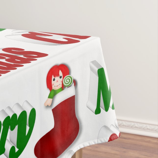 Merry Christmas Stocking red green typography  Tablecloth (In Situ)