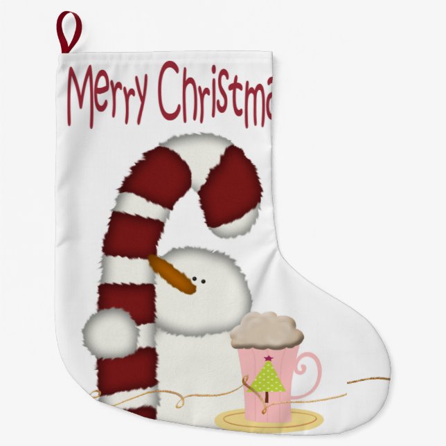 Merry Christmas Stocking, Snowman Coffee Large Christmas Stocking (Front)