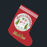 Merry Christmas Stocking Snowman Couple<br><div class="desc">Decorate your mantle with this cute personalised Christmas Stocking. The stocking features a folksy snowman couple surrounded by festive Christmas trees on a light mint green medallion against a red striped background. The Snowman design reads, "Merry Christmas and a Happy New Year" in red and golden yellow. Just below that...</div>