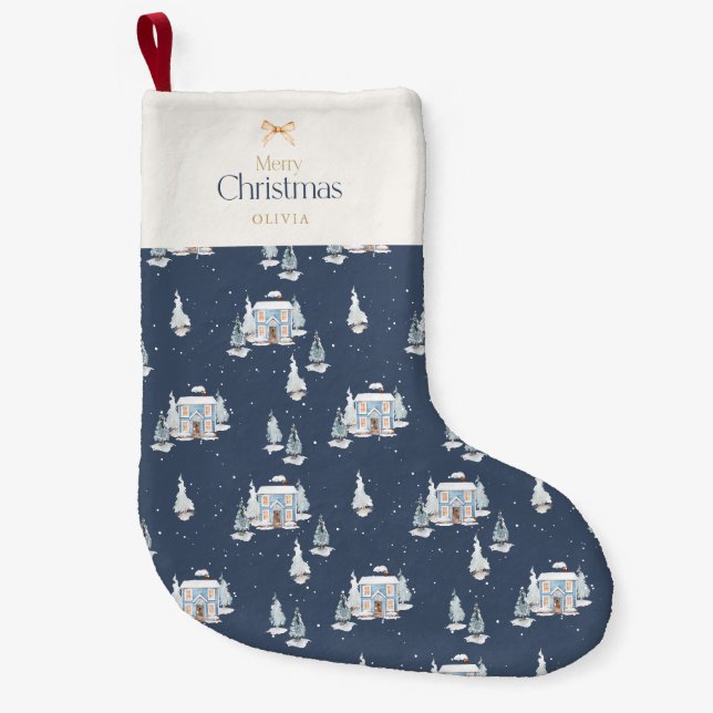 Merry Christmas Stocking with Blue Winter House (Front)