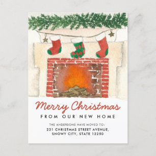Merry Christmas Stockings Fireplace Holiday Moving Announcement Postcard