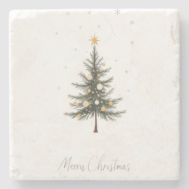 Merry Christmas Stone Coaster with Christmas Tree  (Front)