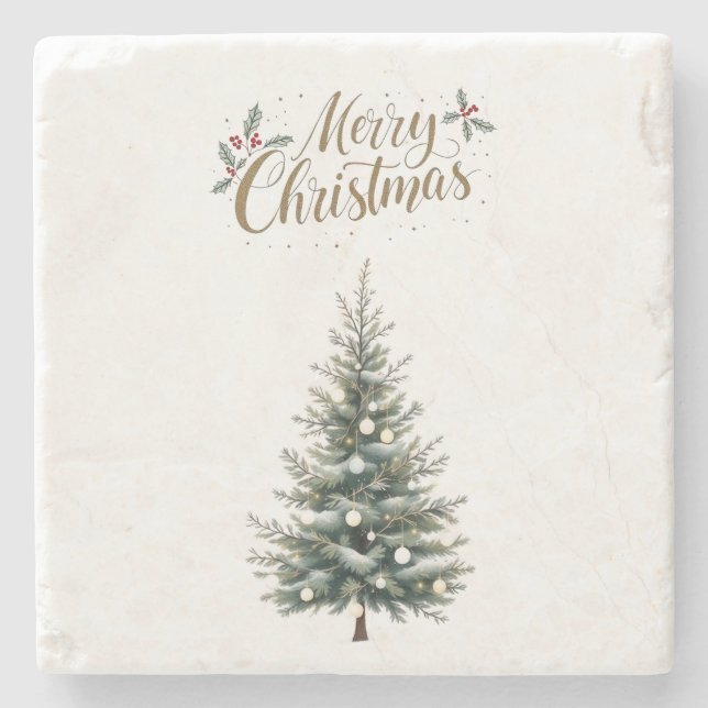 Merry Christmas Stone Coaster with Christmas Tree  (Front)