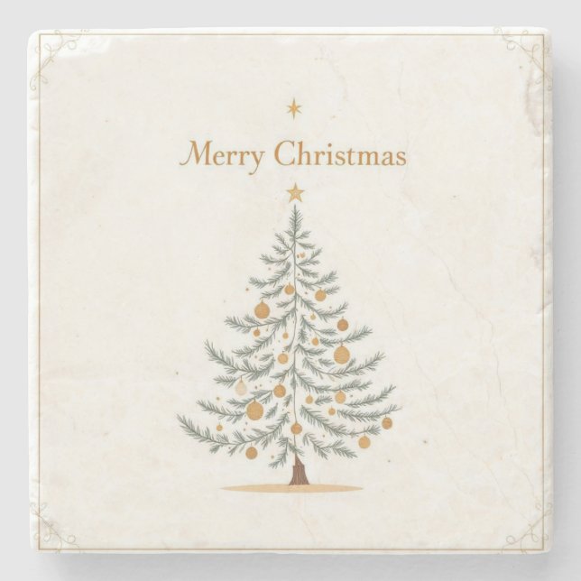 Merry Christmas Stone Coaster with Christmas Tree  (Front)