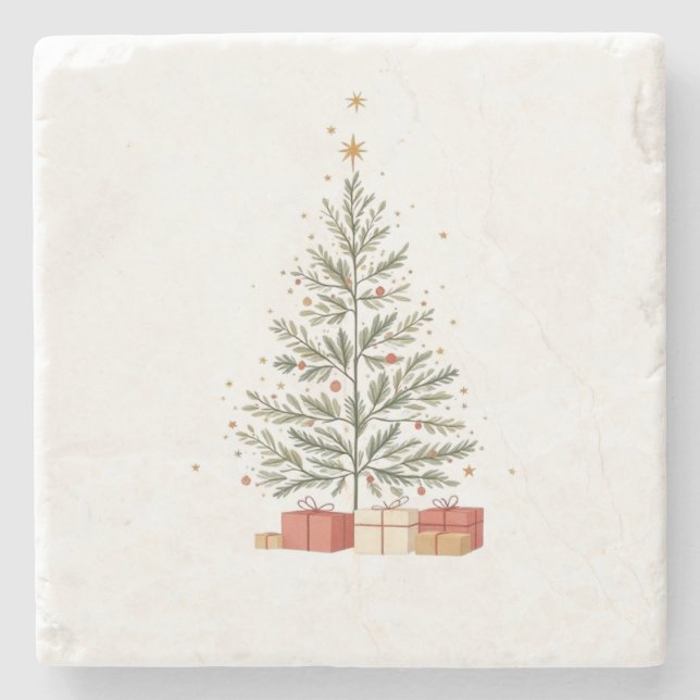 Merry Christmas Stone Coaster with Christmas Tree  (Front)
