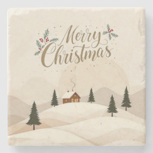 Merry Christmas Stone Coaster with Christmas Tree