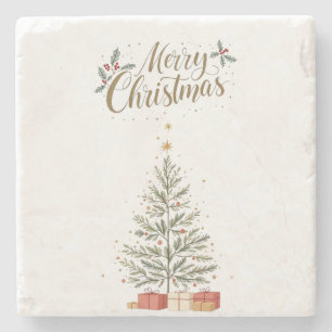Merry Christmas Stone Coaster with Christmas Tree