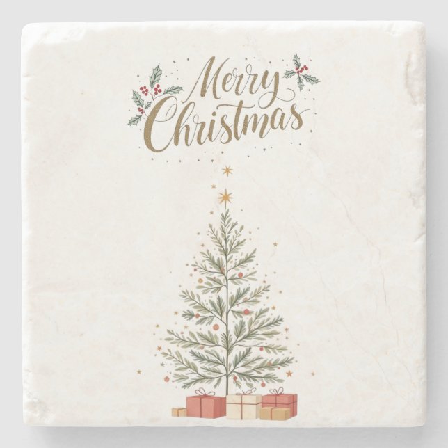 Merry Christmas Stone Coaster with Christmas Tree  (Front)