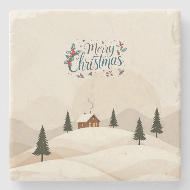 Merry Christmas Stone Coaster with Christmas Tree  (Front)