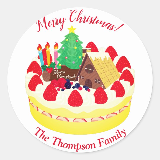 Merry Christmas Strawberry Cake Classic Round Stic Classic Round Sticker (Front)