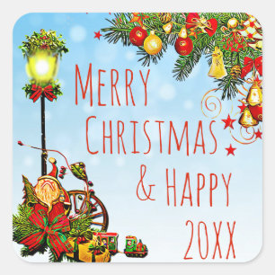 Merry Christmas Street Light and Pine Wreath Square Sticker