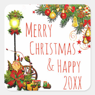 Merry Christmas Street Light and Pine Wreath Square Sticker