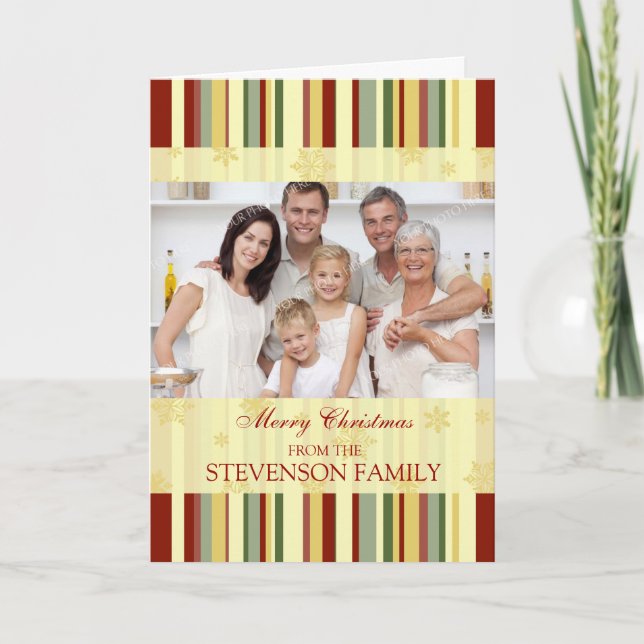 Merry Christmas Stripes and Snowflakes Photo Card (Front)