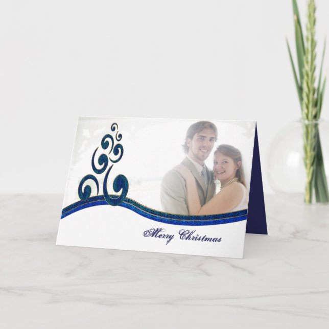Merry Christmas Stylised Navy Blue Tree Photo Holiday Card (Front)
