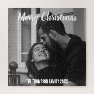 Merry Christmas stylish black and white script Jigsaw Puzzle