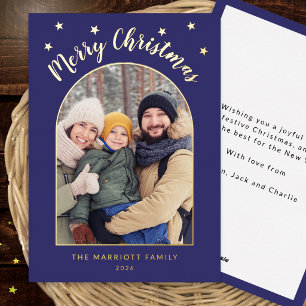 Merry Christmas Stylish Blue Custom Photo Foil Holiday Card