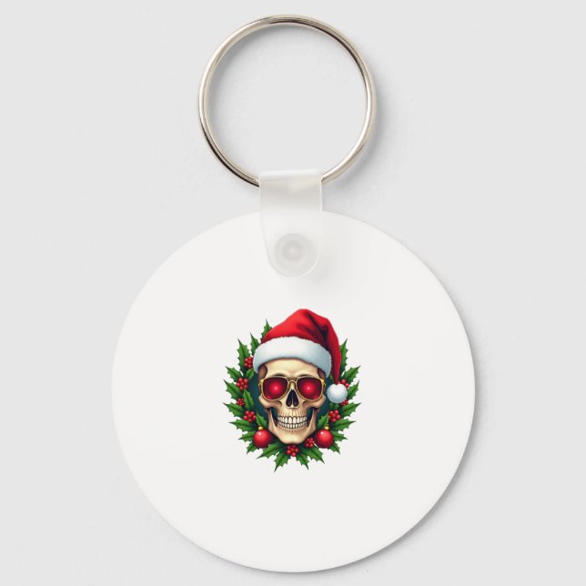 Merry Christmas Sugar Skull Santa Hat Family Xmas  Key Ring (Front)