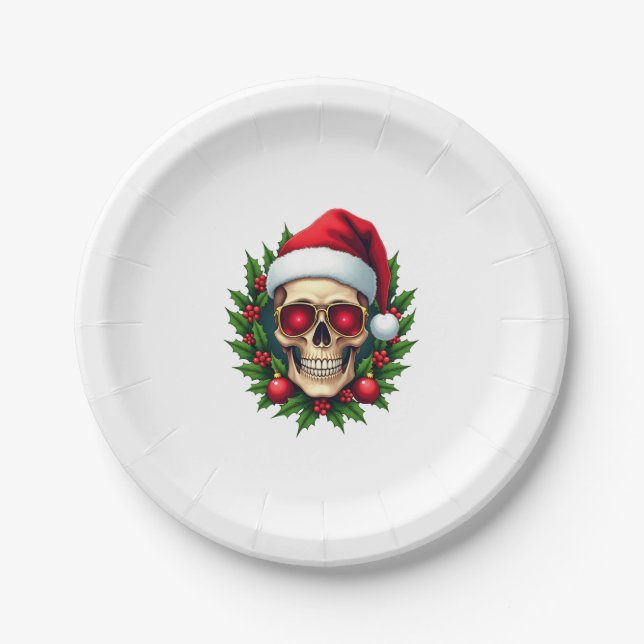 Merry Christmas Sugar Skull Santa Hat Family Xmas  Paper Plate (Front)