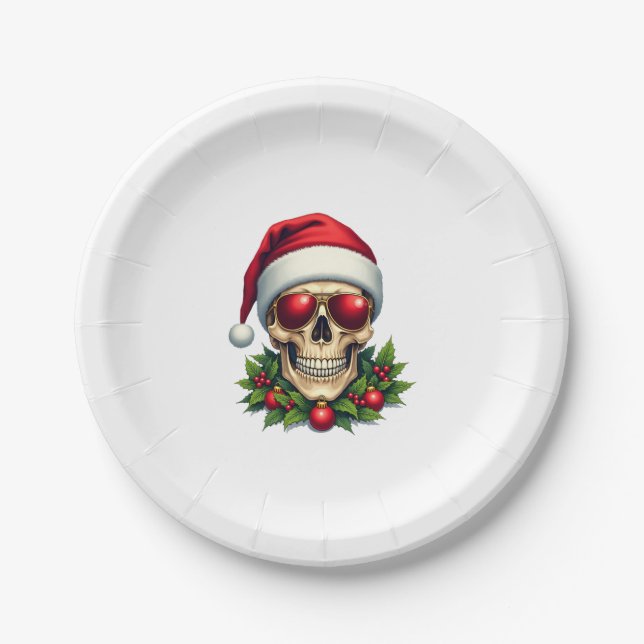 Merry Christmas Sugar Skull Santa Hat Family Xmas  Paper Plate (Front)