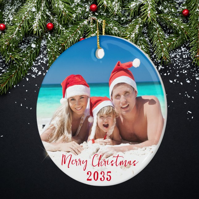 Merry Christmas Sunny Family Photo Ceramic Tree Decoration (Front - Merry Christmas Family Photo Tree Decoration)
