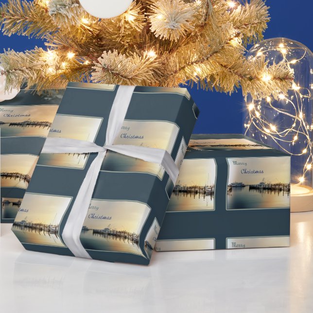 Merry Christmas - Sunrise At The Harbour - Boats Wrapping Paper (Holidays)