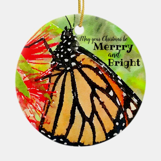 Merry Christmas Sunshine Monarch Butterfly Ceramic Tree Decoration (Front)